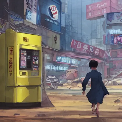 Image similar to incredible wide screenshot, ultrawide, simple watercolor, rough paper texture, ghost in the shell movie scene, backlit distant shot of girl in a parka running from a giant robot invasion side view, yellow parasol in deserted dusty shinjuku junk town, broken vending machines, bold graphic graffiti, old pawn shop, bright sun bleached ground, mud, fog, dust, windy, scary robot monster lurks in the background, ghost mask, teeth, animatronic, black smoke, pale beige sky, junk tv, texture, brown mud, dust, tangled overhead wires, telephone pole, dusty, dry, pencil marks, genius party,shinjuku, koji morimoto, katsuya terada, masamune shirow, tatsuyuki tanaka hd, 4k, remaster, dynamic camera angle, deep 3 point perspective, fish eye, dynamic scene