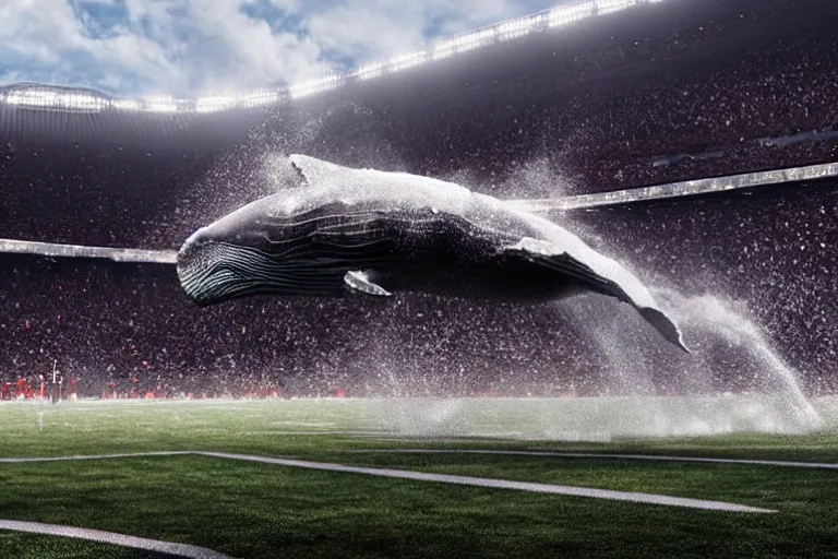 Image similar to a humpback whale flying in the air over an nfl football stadium ultra detailed realistic photograph cinematic lighting