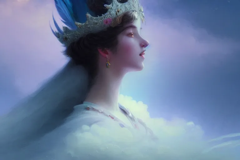 Image similar to Portraits of magical girls, wearing crown of bright feathers, painting by Ivan Aivazovsky and Greg Rutkowski, artstation, fantasy, intricate, beautiful, cinematic, octane render, arnold render, 8k, hyper realism, detailed, sharp focus, 4k uhd, masterpiece, award winning