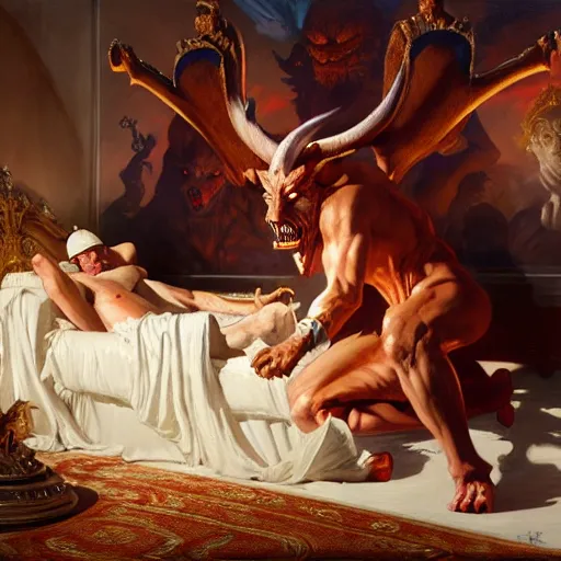 Prompt: the pope is in his bed, nervous and terrified, because a double horned shadow beast from hell is attacking him. highly detailed painting by gaston bussiere, j. c. leyendecker, greg rutkowski, craig mullins 8 k