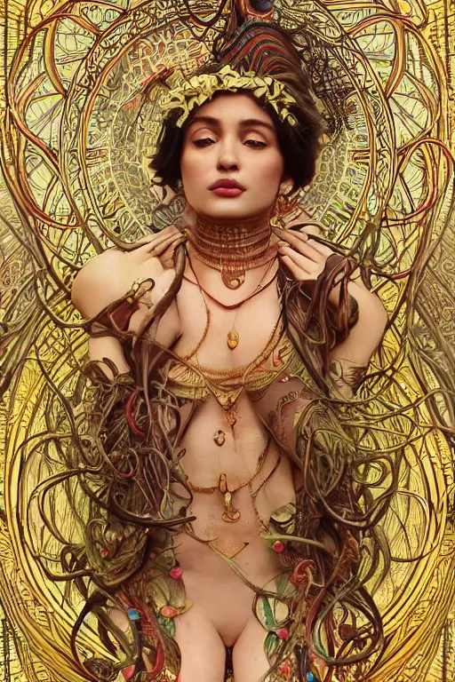 Prompt: an immaculate render of a tribal goddess adorned with leaves and cables and bird wings posing in a temple surrounded by wild tentacles made from mandalas and incense smoke, full body, perfect face, powerful, cinematic, beautifully lit, by artgerm, by alphonse mucha, by karol bak, 3 d, trending on artstation, octane render, 8 k