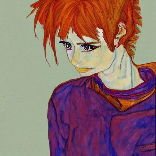 Image similar to colorful anime girl painted in the style of egon schiele