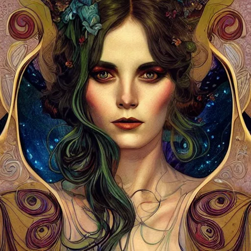 Prompt: an art nouveau portrait in the style of anna dittmann and donato giancola and virgil finlay.