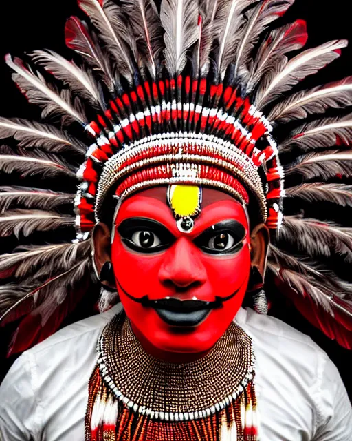 Prompt: photo of a Dramatic Theyyam male dancer with red indian headgear painted face wearing futuristic goggles and futuristic robot suit with traditional theyyam costume in the style of stefan kostic, full body, feather native american headgear, realistic, sharp focus, symmetric, 8k high definition, insanely detailed, intricate, elegant, art by stanley lau and artgerm, Hajime Sorayama, William-Adolphe Bouguereau