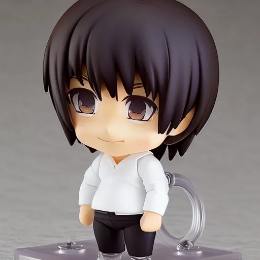 Prompt: nendoroid of a white male who is fat, has dark brown wavy hair, dark brown eyes, a round face and small lips