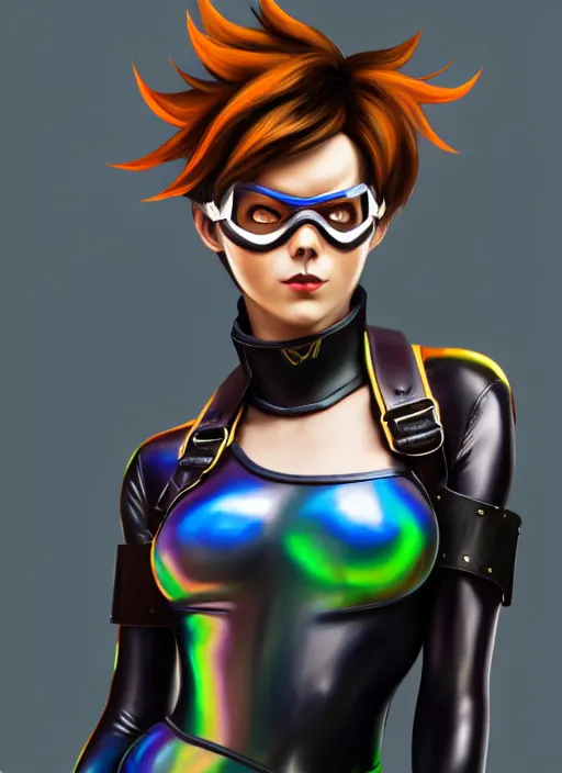 Image similar to oil painting digital artwork of tracer overwatch, confident pose, wearing black iridescent rainbow latex, 4 k, expressive happy smug expression, makeup, in style of mark arian, wearing leather collar, wearing sleek full body armor, black leather harness, expressive detailed face and eyes,