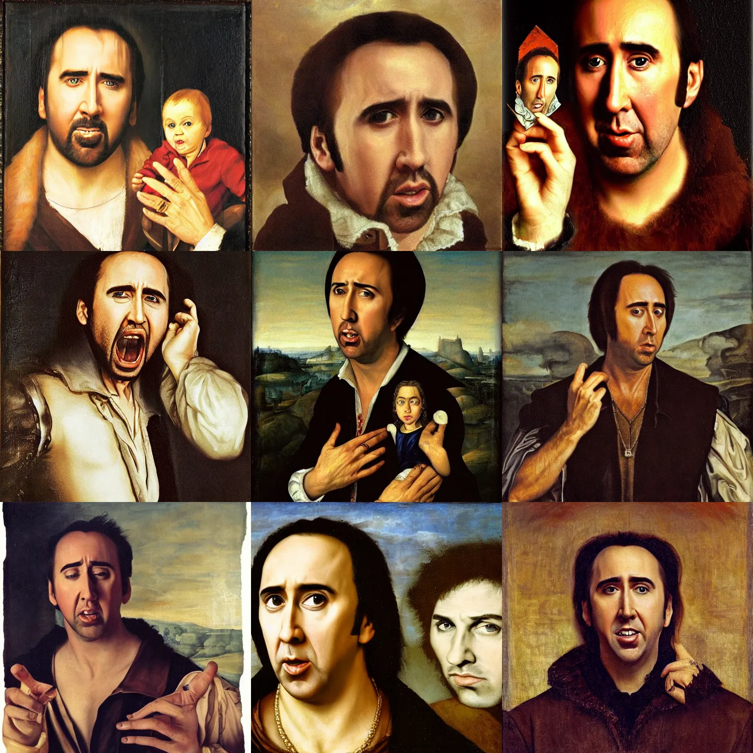 Prompt: renaissance oil portrait of the extremely attractive nicolas cage holding in his hands a smaller version of screaming nicolas cage, highly detailed