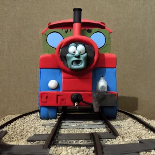 Image similar to zombie apocalypse thomas the tank engine clay sculpture, ominous