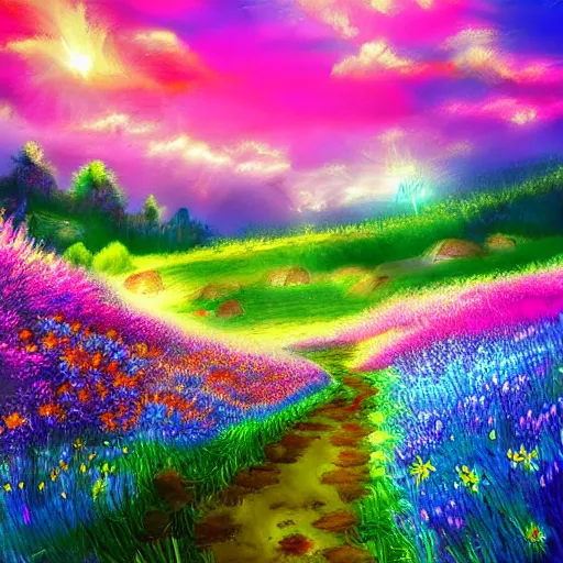 Image similar to heaven meadow with colorful flowers and perlence fantasy pixiv scenery art inspired by magical fantasy