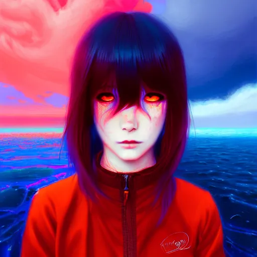 Image similar to red water swirling around rimuru tempest crying, enveloped in ghosts, sky blue straight hair, bangs, with amber eyes, black jacket, high collar, ultra fine detaile, dark theme, digital painting, psychedelic, cinematic, wlop, pixiv, ilya kuvshinov, ross tran