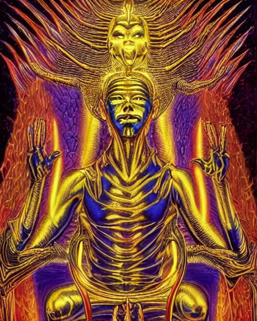 Image similar to gold glowing alien high priest god at the royal black and gold altar chamber by alex grey