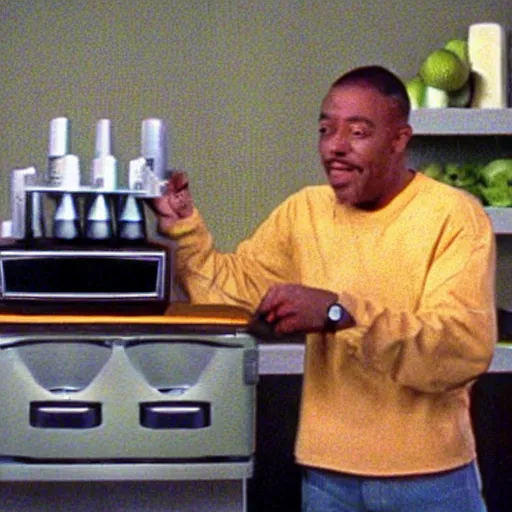 Prompt: 2001 tv still of 'Frank the juice man' promoting juicing machines that will help you live forever