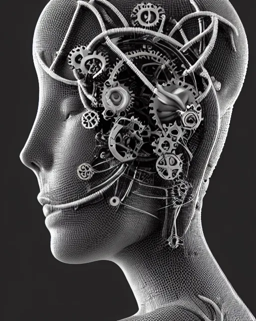 Image similar to mythical black and white organic bio-mechanical spinal ribbed profile face portrait detail of mechanical beautiful female angelic-vegetal-cyborg, highly detailed, intricate steampunk ornate, poetic, 3D render, digital art, octane render, 8K artistic photography, photo-realistic, by Dora Maar