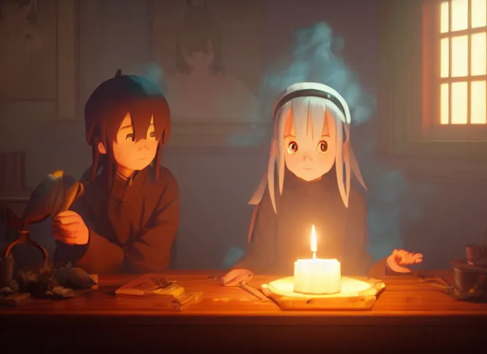 Image similar to a night ritual, being lit by candles, medium shot, studio ghibli, pixar and disney animation, sharp, rendered in unreal engine 5, anime key art by greg rutkowski, bloom, dramatic lighting