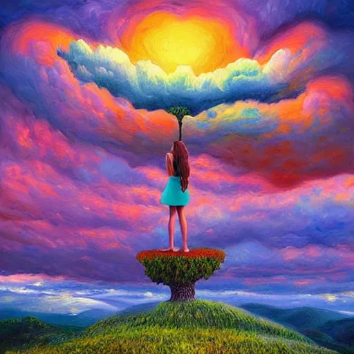 Prompt: giant flower head, frontal, woman standing on mountain, surreal photography, stormy sky, colorful clouds, impressionist painting, digital painting, artstation, rob gonsalves