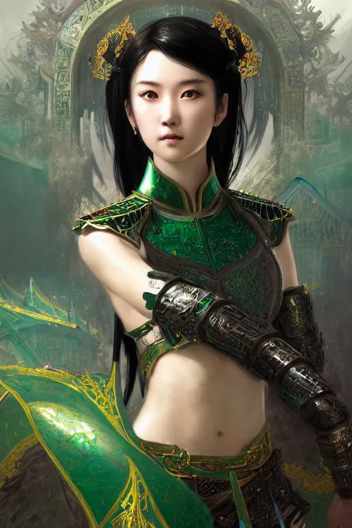 Image similar to portrait black hair young knights of Dynasty Warriors girl, metallic green armor, in ruin fire chinese palace sunrise, ssci-fi and fantasy, intricate and very beautiful and elegant, highly detailed, soft light, artstation, concept art, smooth and sharp focus, illustration, art by tian zi and WLOP and alphonse mucha