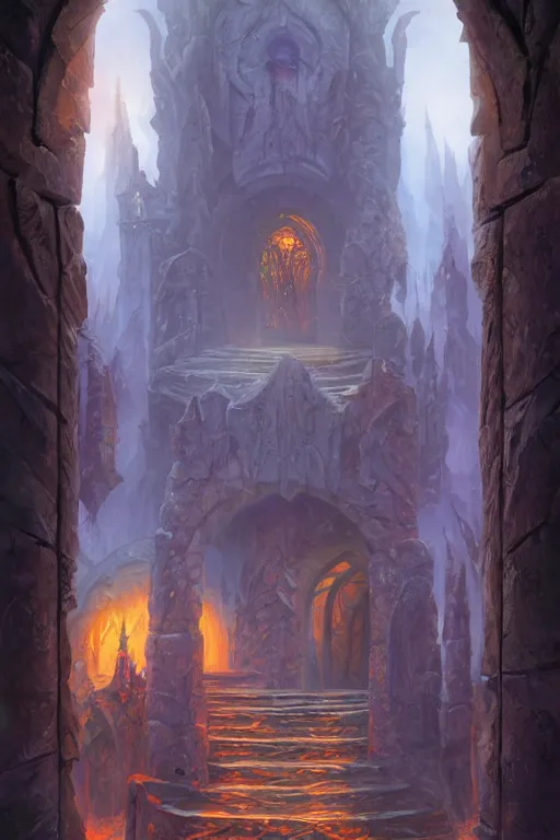 Prompt: matte glossy illustration painting of stone steps fantasy leading do a gothic doorway burning portal, artstation by emilia dziubak, will terry, greg olsen, chris mars, ann long, and mark brooks, gret ritkowski dramatic, architecture, colorful warcraft architecture