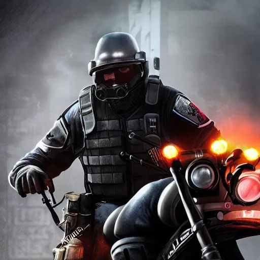 Image similar to Montagne from Rainbow Six Siege riding a motorcycle with an exploding building behind him, realistic, HDR, 8k, trending on artstation