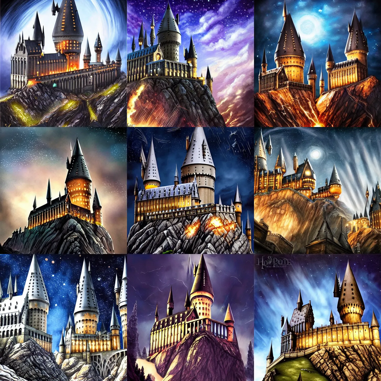 Prompt: harry potter hogwarts castle. beautiful, majestic, sky like starry night. wide angle shot. artgerm style, concept art