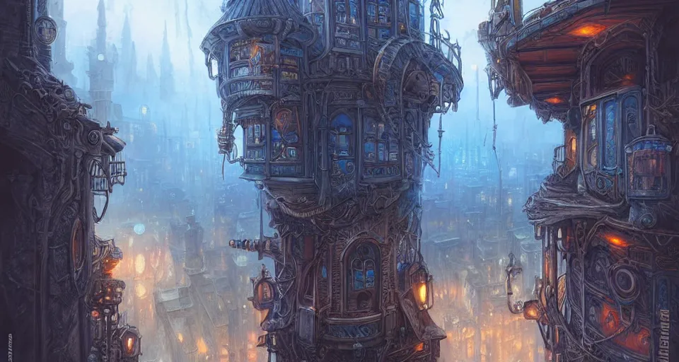 Image similar to landscape painting of fantasy metal steampunk city that has a light blue glow with walkways and lit windows with a hooded thief in leathers climbing a building using a rope, fine details, magali villeneuve, artgerm, rutkowski