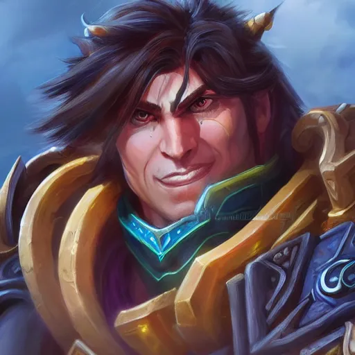 Image similar to varian wrynn merged with guldan, worlf of warcraft, dmitry prozorov style, artstation, extremely detailed, 8 k, high quality, beatufil painting