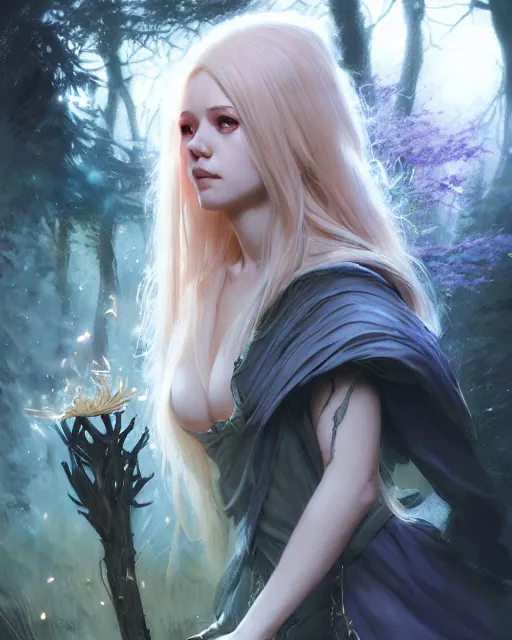 Image similar to blonde young sorceress with a heavy cloak casting a spell in the forest, fantasy character portrait, ultra realistic, concept art, intricate details, highly detailed by ilya kuvshinov, greg rutkowski, gaston bussiere, craig mullins, simon bisley