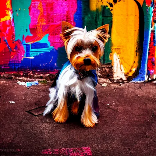 Prompt: photography of a Yorkie sitting on a box. in a cyberpunk street, award winning photo, saturated, colored, colors, 100mm, sharp, high res