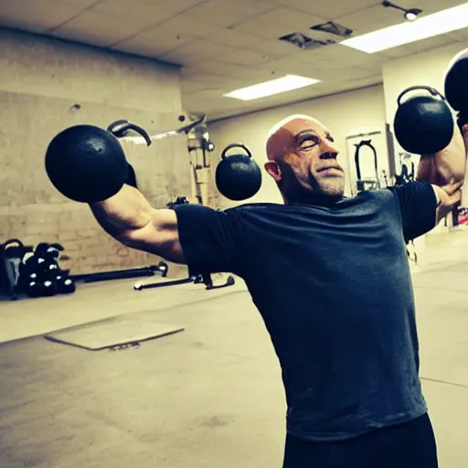 Prompt: photo of joe rogan lifting kettlebells,