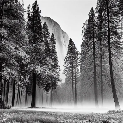 Prompt: black-and-white landscape photograph of Yosemite National, covered in mist, Park by Ansel Adams width 1024