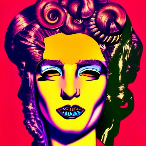 Image similar to an extremely psychedelic portrait of medusa as andy warhol, surreal, lsd, face, detailed, intricate, elegant, lithe, highly detailed, digital painting, artstation, concept art, smooth, sharp focus, illustration