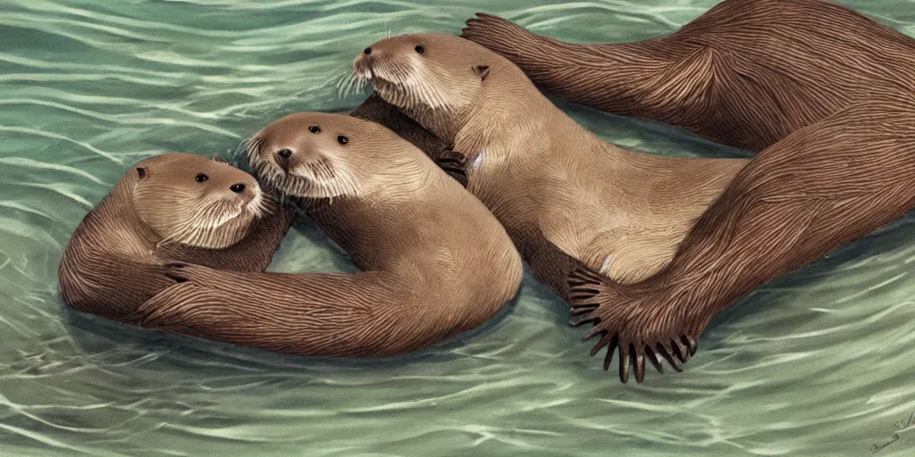 Prompt: otters hold hands while they sleep so nobody will drift away to the sea during the stormy night , fantasy illustration, cinematic, award winning, romantic, detailed trending on art station masterpiece