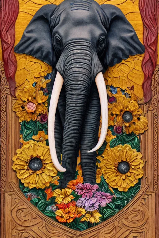 Image similar to Painted dark-wood panel relief carving of a close up of a Flowerpunk Matriarch Elephant, ornate border frame, explosion of colorful flowers, dark wood, intricately carved, black ink, festival of rich colors, intricate details, cinematic lighting, volumetric lighting, post-processing, art nouveau, by andreas rocha and john howe, and Martin Johnson Heade, featured on artstation, featured on behance, golden ratio, hyper detailed, photorealistic, epic composition, center spotlight, f32, well composed, symmetrical, UE5, 8k