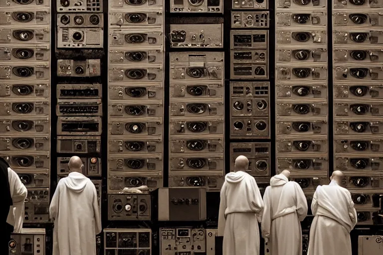 Image similar to monks in hooded robes stand in front of a wall of vintage amplifiers, smoke fills the space