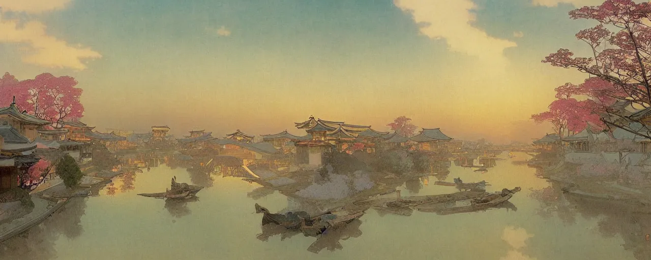 Image similar to a beautiful painting of an ancient japanese town nearby a small river in the evening by alfons maria mucha and ivan aivazovsky, ultra detailed, volumetric lighting, pink vibe