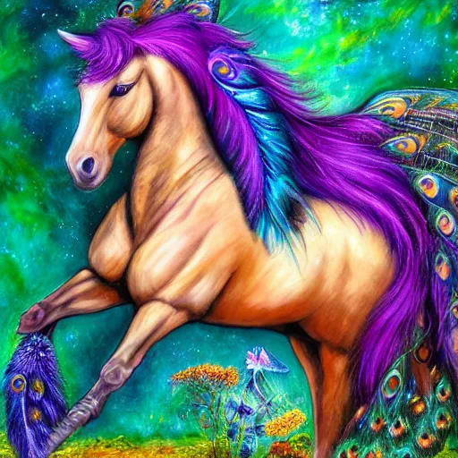 Prompt: beautiful purple and teal horse with peacock feather mane and peacock tail detailed painting in the style of josephine wall 4 k