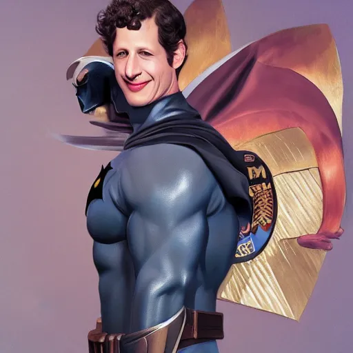 Image similar to Andy Samberg as Batman, digital art, trending on artstation, oil on canvas by J. C. Leyendecker and Edmund Blair Leighton and Charlie Bowater, octane render, cinematic