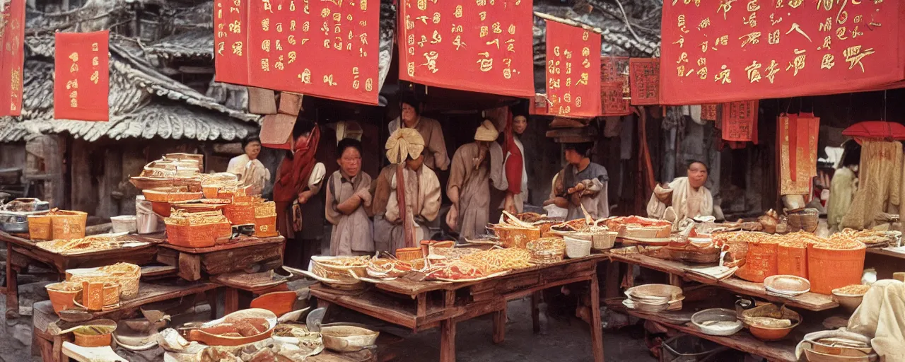 Prompt: spaghetti stall at the height of the jin dynasty in ancient china, afternoon glow, canon 5 0 mm, wes anderson film, kodachrome, retro