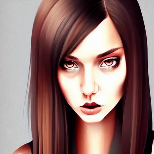 Prompt: attractive young woman, slim figure, perfect silky straight hair, smooth tan skin, dark circles under bemused eyes, hip emo fashion, pinterest, very interesting digital painting, beautiful portrait