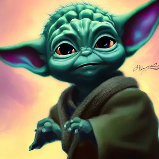 Image similar to portrait of cute baby yoda with dreadlocks focus cute eye enchanted official fanart behance hd artstation by Jesper Ejsing, by RHADS, Makoto Shinkai and Lois van baarle, ilya kuvshinov, rossdraws portrait, highly detailed, digital painting, concept art, sharp focus, cinematic lighting, art by artgerm and greg rutkowski and alphonse mucha radiant light, peter mohrbacher, ferdinand knab, artgerm, portrait happy colors, bright eyes, clear eyes, warm smile