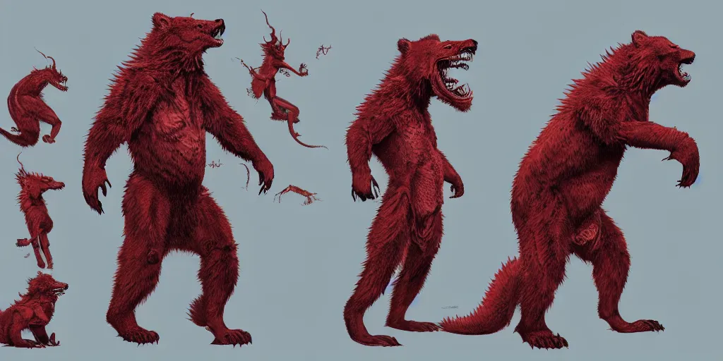 Image similar to Crimson red draconian grizzly bear character design sheet, scaly, demonic, reptilian, white stripes all over its body, Moebius, Greg Rutkowski, Zabrocki, Karlkka, Jayison Devadas, Phuoc Quan, trending on Artstation, 8K, ultra wide angle, zenith view, pincushion lens effect.