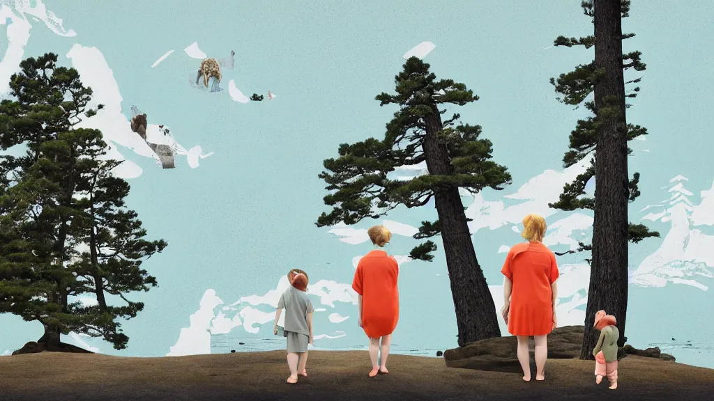 Image similar to a mama and baby bear at a seaside landscape with sequoia trees, japan, a collage painting, in the style of wes anderson, lola dupre, david hockney, isolated on negative white space background dark monochrome neon spraypaint accents volumetric octane render