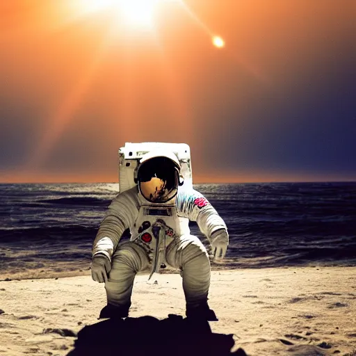 Image similar to an astronaut relaxing on the beach, dramatic lighting, cinematic, extremly high detail, photorealistic, cinematic lighting, nasa footage