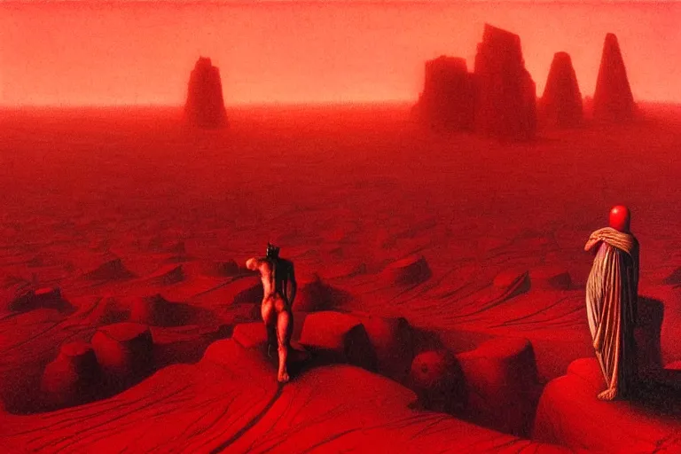 Image similar to only with red, red god of death eat apple, a futuristic city on mars in the background, an ancient path, in the style of beksinski, part by hopper, part by rodcenko, part by hofbauer, intricate composition, red by caravaggio, insanely quality, highly detailed, masterpiece, red light, artstation, 8 k