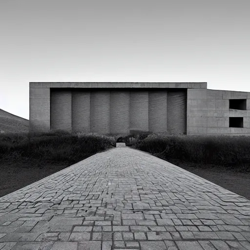 Image similar to a building in a stunning landscape by louis kahn and alberto burri, architectural photograph distance drone wide view, dynamic lighting sharp infinite focus