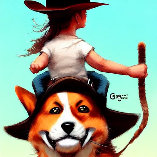 Image similar to tiny cat girl in cowboy hat riding on the back of a giant corgi by greg rutkowski