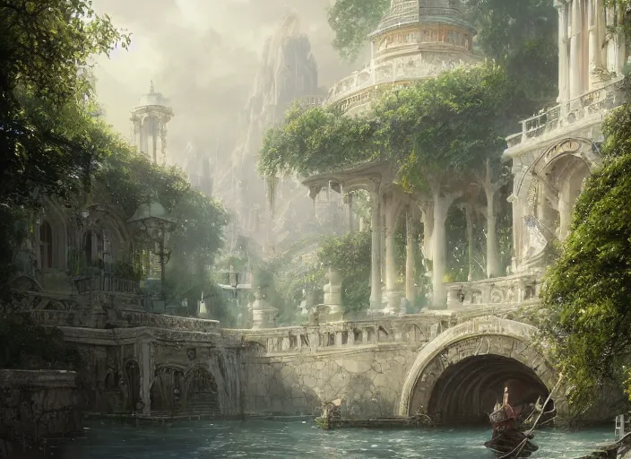 Prompt: A port near the ocean in a beautiful elven city made of white marble, anime, lush trees, fountain, boats in the water, a fantasy digital painting by Greg Rutkowski and James Gurney, trending on Artstation, highly detailed