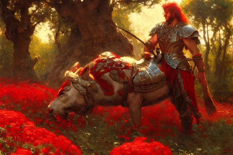 Image similar to winter, a tired male warrior wearing armor relaxing under a huge tree with red flowers, long shot, fantasy, painting by gaston bussiere, craig mullins, j. c. leyendecker, trending on artstation