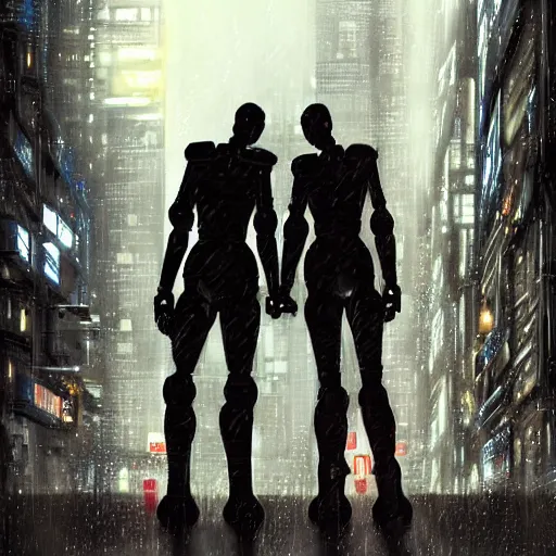 Image similar to a heartfelt unspoken love story between two robots overlooking a crumbling empty city, third person, cyberpunk, dystopia, rain, bittersweet, realism, painting