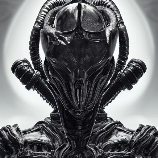 Image similar to engineer prometheus, xenomorph alien, highly detailed, symmetrical long head, smooth marble surfaces, detailed ink illustration, raiden metal gear, cinematic smooth stone, deep aesthetic, concept art, post process, 4k, carved marble texture and silk cloth, latex skin, highly ornate intricate details, prometheus, evil, moody lighting, hr geiger, hayao miyazaki, indsutrial Steampunk