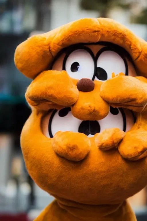 Image similar to portrait of Jacksfilms dressed in Garfield costume, starring in live-action adaptation of the comics, close-up photograph, shallow depth of field